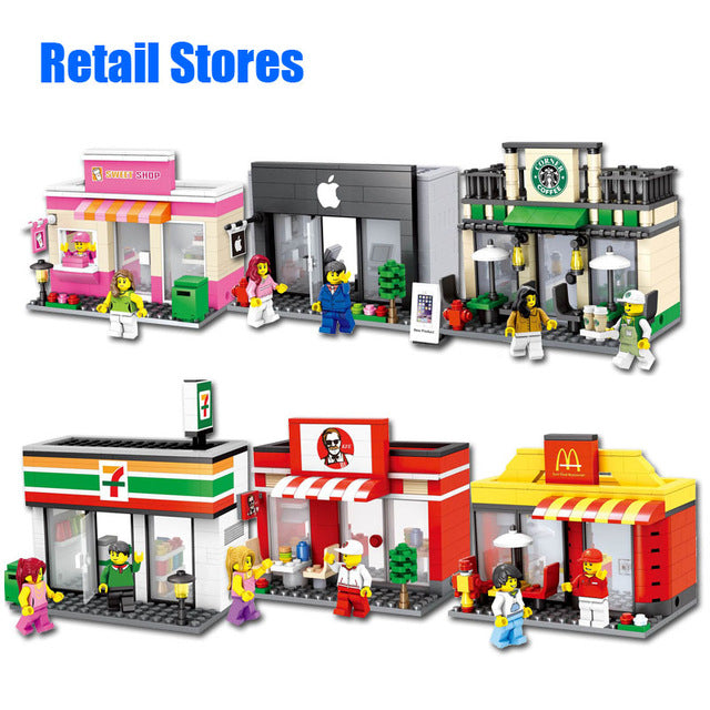 HSANHE City Street Miniseries Quality Apple McDonalds Waiter Shop Model Building Blocks Kids Toys Compatible with Lego