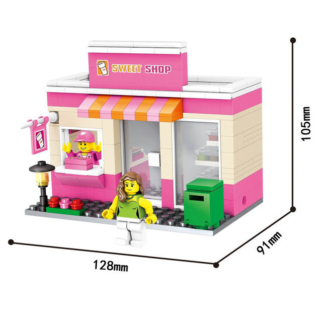 HSANHE City Street Miniseries Quality Apple McDonalds Waiter Shop Model Building Blocks Kids Toys Compatible with Lego