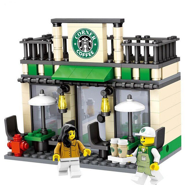 HSANHE City Street Miniseries Quality Apple McDonalds Waiter Shop Model Building Blocks Kids Toys Compatible with Lego