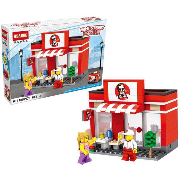 HSANHE City Street Miniseries Quality Apple McDonalds Waiter Shop Model Building Blocks Kids Toys Compatible with Lego