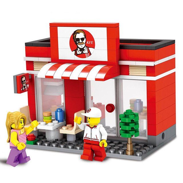 HSANHE City Street Miniseries Quality Apple McDonalds Waiter Shop Model Building Blocks Kids Toys Compatible with Lego