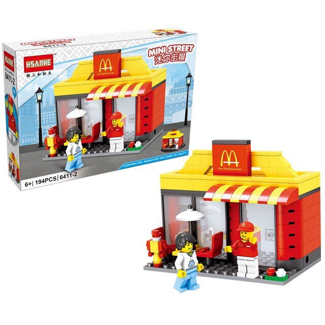 HSANHE City Street Miniseries Quality Apple McDonalds Waiter Shop Model Building Blocks Kids Toys Compatible with Lego