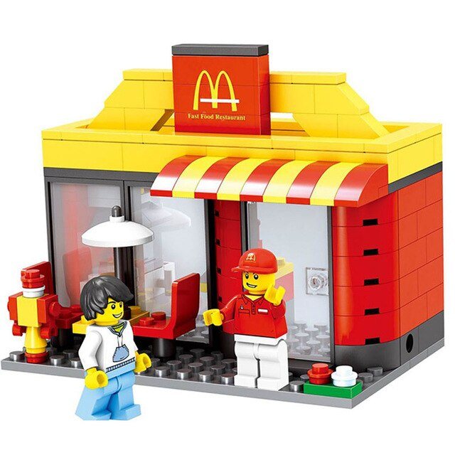 HSANHE City Street Miniseries Quality Apple McDonalds Waiter Shop Model Building Blocks Kids Toys Compatible with Lego