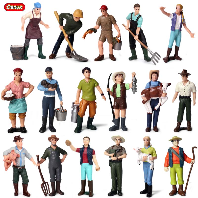 Oenux New Farmer People Model Simulation Farm Staff Feeder Action Figures Pig Animals Figurine Miniature Lovely Toys For Kids